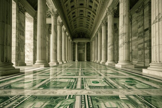 A long hallway with columns and a floor covered in green and white tiles Metaphoric representation of the US Federal Reserve printing money AI Generated